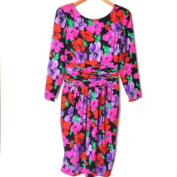 Vintage 80s Dress Maggy London Silk Floral Bright